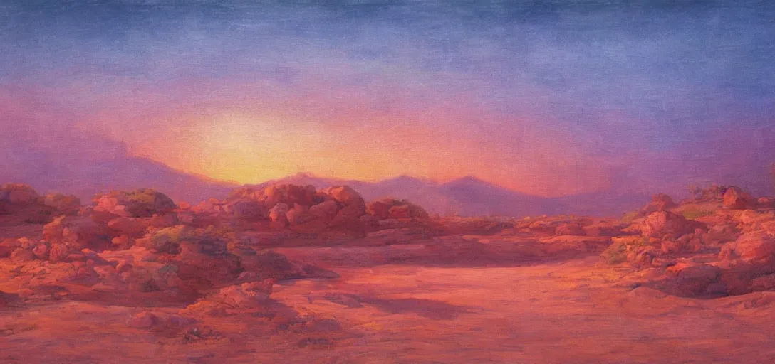 Prompt: beacons of soft light drifting above a desert, classical landscape painting, oil paints, giant ceramic pottery broken and submerged, highly detailed, late evening with pink light on the horizon, psychedelic colors