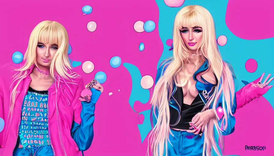 Image similar to Kim Petras and Paris Hilton pink bubblegum pop album cover, hyperdetailed, artstation, cgsociety, deviantart 8k