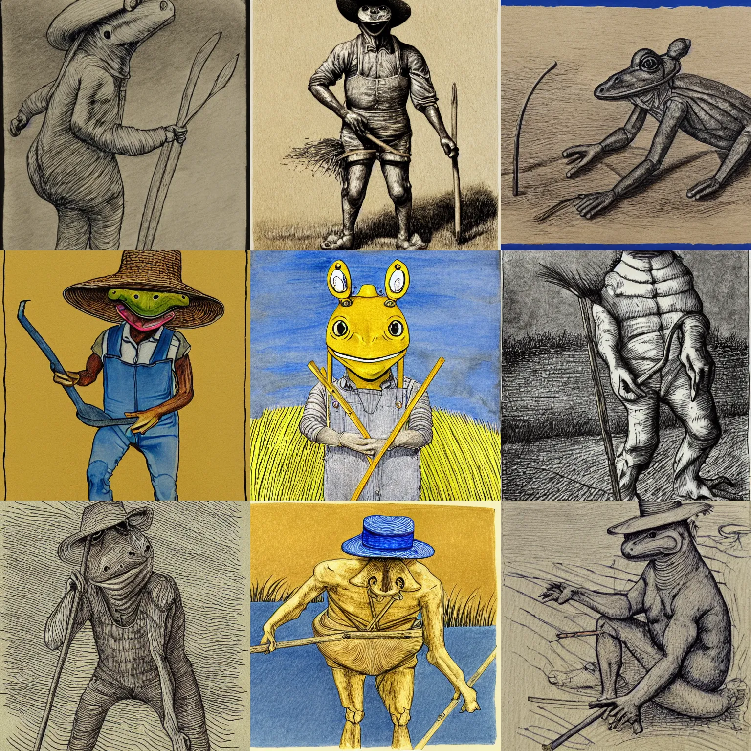 Prompt: horse - headed humanoid frog - person creature, wearing a straw hat and overalls, using a spade, golden hour, bucolic, expressive linework, crosshatching, grisaille, cobalt blue and ochre watercolor wash