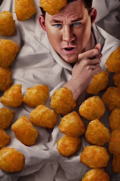 Image similar to channing tatum in a tater tot costume, oil on canvas, intricate, 8 k highly professionally detailed, hdr, cgsociety