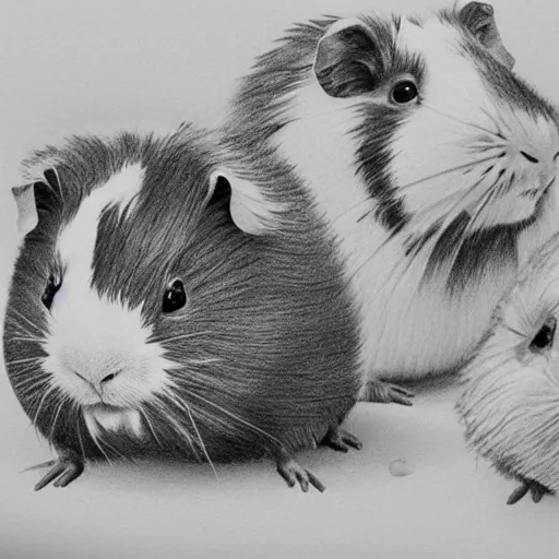 Image similar to guinea pigs using computers, pencil drawing, detailed, hyper-detailed