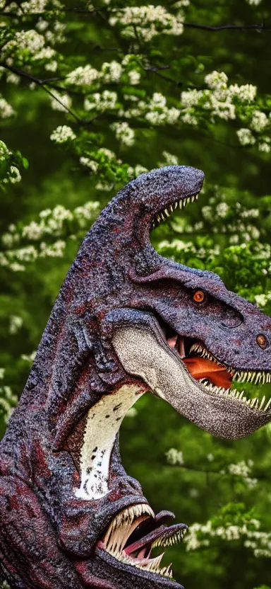 Prompt: “ a portrait photo of tyrannosaurus at a sakura tree, side shot, by professional photographer, 8 k resolution, high quality ”