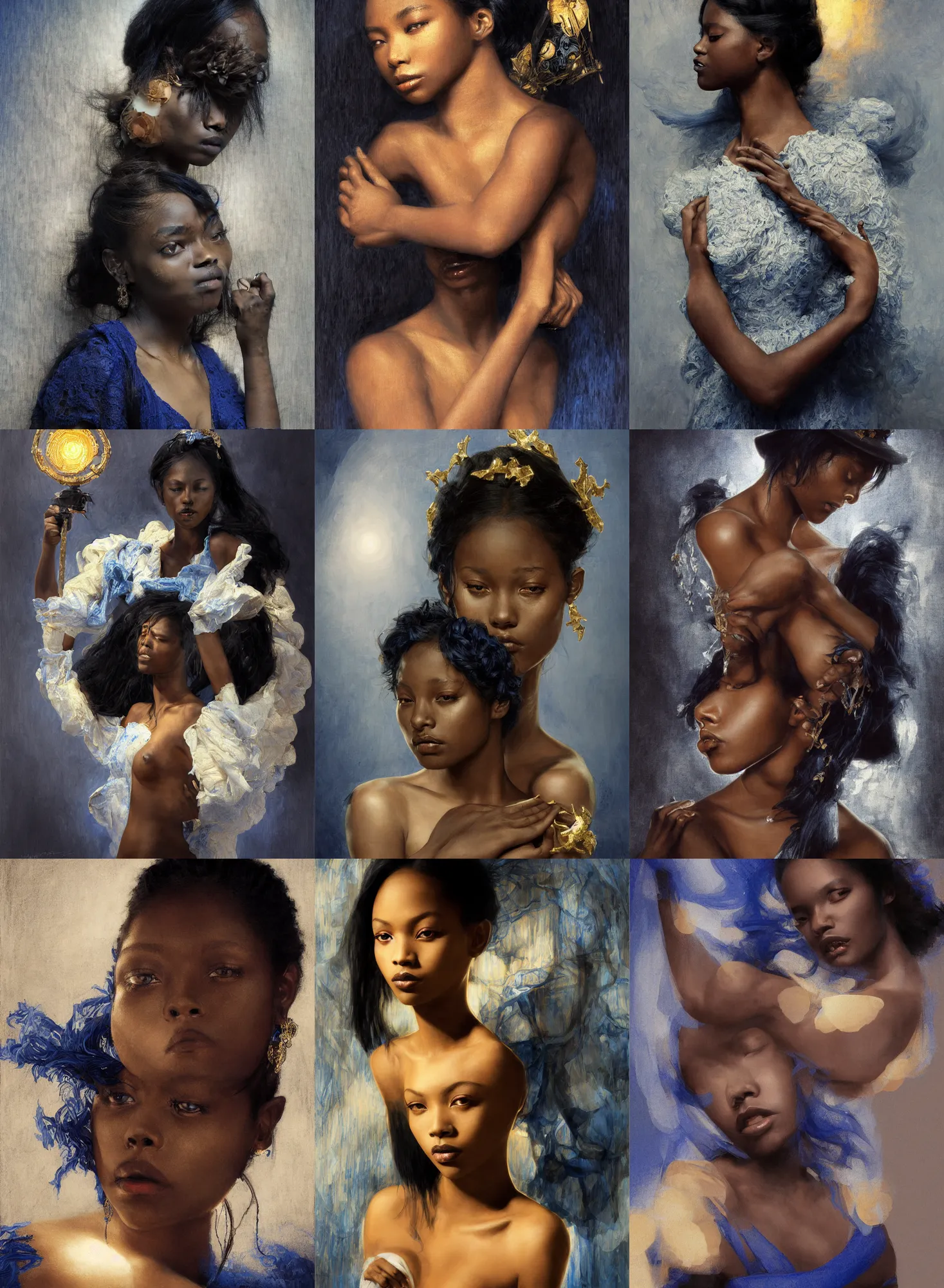 Prompt: of a Ramlethal Valentine, dark fantasy, black asian young beautiful girl, clouse up face portrait, Annie Swynnerton and Diego Rivera, medium shot, intricate, elegant, blue and white and gold, warm light, highly detailed, digital painting, volumetric light, artstation, concept art, smooth, sharp focus, illustration, art by Gil Elvgren and Adolf Wölfli and Donato Giancola and Alphonse Mucha