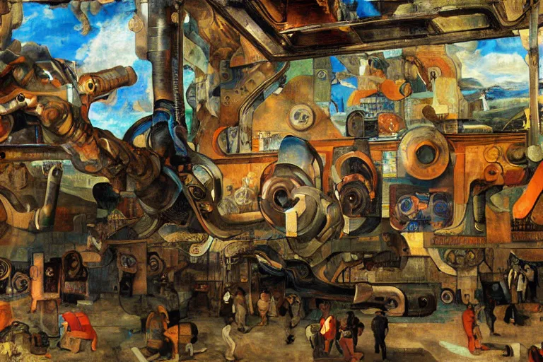 Image similar to A robotic arm painting on a wall, people watching and discussing by rubens and gauguin, digital art, hyper detailed, strong light, saturated glitch colors