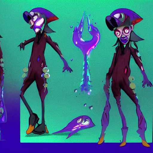 Prompt: character design sheets for a new vampire squid character, artwork in the style of splatoon from nintendo, art by tim schafer from double fine studios, black light, neon, spray paint, punk outfit, tall thin toothpick like frame adult character, fully clothed, gothic, color explosion, sparkles and glitter, pop art