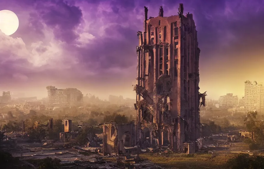 Image similar to Stunning photorealistic background of a city in ruin in a strange purple dimension with a large red sun looming in the distance on a rainy and foggy day, A large tower stands in the center of the crumbling buildings, parallax background