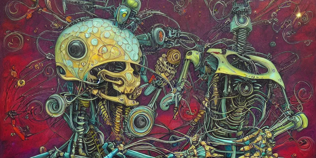 Image similar to a beautiful painting of robot by aaron horkey, trending on artstation, skeleton, colorful