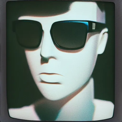 Prompt: artgerm, vaporwave, grainy portrait polaroid film photograph of a schoolbook where everyone is wearing sunglasses and super serious. one of them is a mannequin. super resolution. extremely detailed. just a little weird. polaroid 6 0 0 film