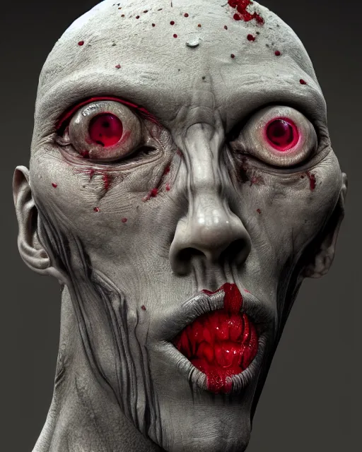 Image similar to Haunting horrifying hyperrealistic detailed painting of a tall slim flesh extraterrestrial creature made of concrete stone brick, covered in, heavy metal, disgusting, creepy, unsettling, and bloodshot eyeballs, hyper detailed, trending on Artstation