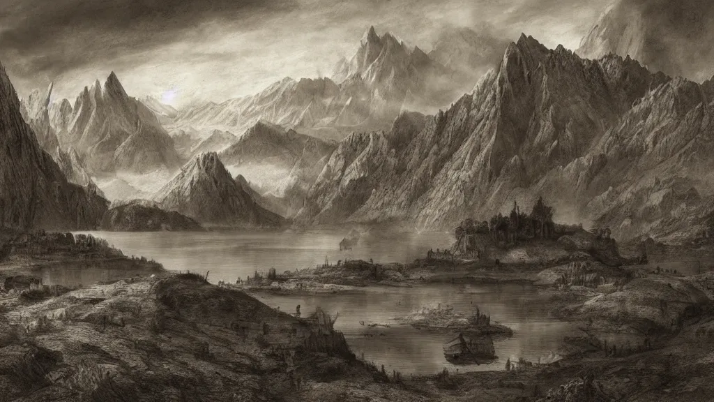 Prompt: ancient map, detailed, high resolution, pencil sketch of beautiful render of a landscape, unreal engine, first light, majestic mountains, lake, lush grass, dramatic clouds, encampment, by leonardo da vinci