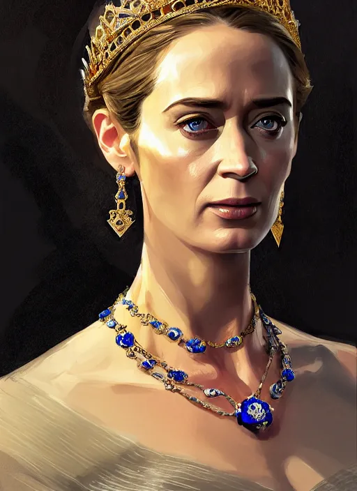 Image similar to portrait of emily blunt as queen, jewelry, greek, sapphire, victorian age, 1 8 9 0, intricate, headshot, key visual, conceptart, ambient lighting, highly detailed, digital painting, artstation, concept art, sharp focus, by makoto shinkai and akihiko yoshida and greg manchess