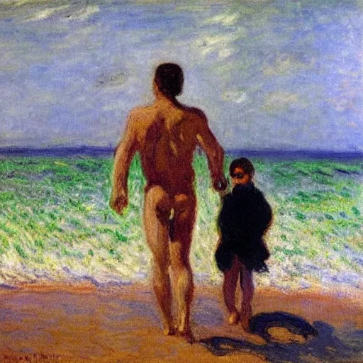 Image similar to a man carrying his child over his shoulders walking near the beach, anatomically correct, painting by monet, masterpiece