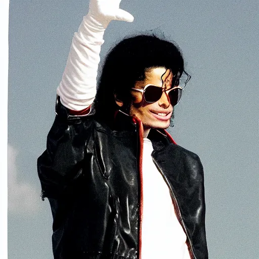 Prompt: michael jackson facing backwards wearing a letterman bomber jacket and clout glasses. michael reaches up in the air with a gloved hand.