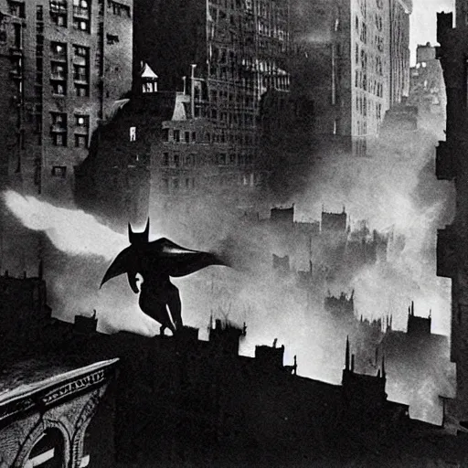 Image similar to old black and white photo, 1 9 1 3, depicting batman fighting bad guys in an ally of new york city, rule of thirds, historical record