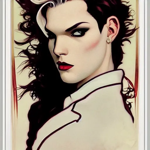 Image similar to beautiful portrait of androgynous ruby rose as desire from sandman in a white tuxedo!!!, rockabilly style, by alphonse mucha, cedric peyravernay, by jeremy mann, by frank moth, white suit and black tie, soft lightning, high detailed, 8 k