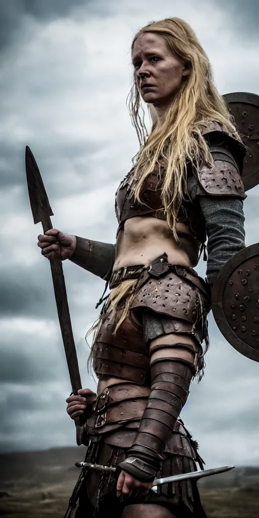 Image similar to a photograph of viking shield maiden in the battlefield, action movie, movie still, cinematic, filmic, dramatic, volumetric light