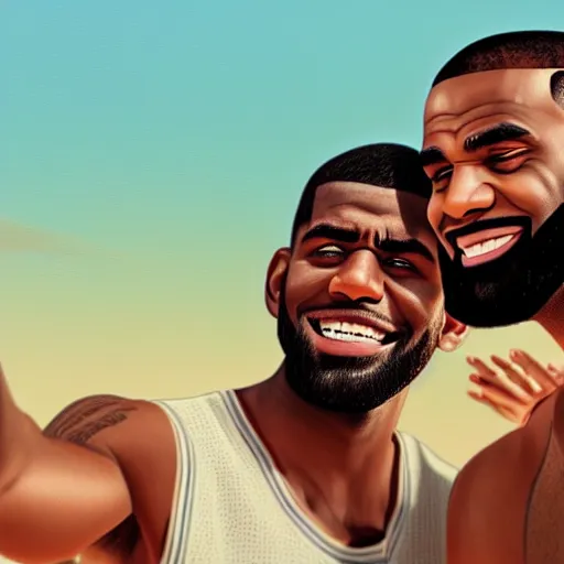 Image similar to beautiful serene intricate portrait of kyrie irving and lebron james taking a selfie, smiling softly, relaxing on the beach, golden hour, soft focus, 8 k, art by irakli nadar, hyperrealism, hyperdetailed, ultra realistic