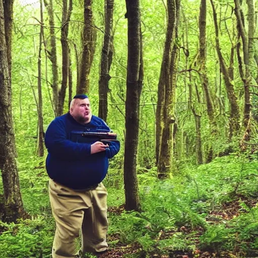 Prompt: Fat british guy standing in the woods with a bb gun