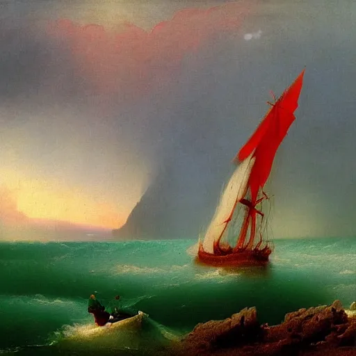 Image similar to red clouds and green ocean in iceland fjord with sailboat painting by ivan aivazovsky