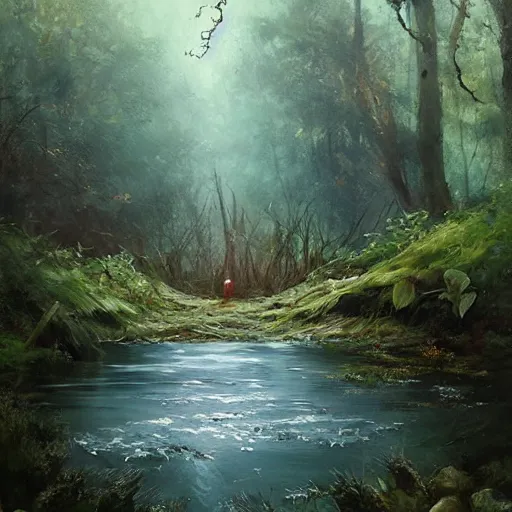 Prompt: water elemental resting at a pond inside a forest, oil painting, by Greg Rutkowski