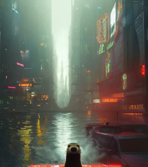 Image similar to new york city portrait of furry anthro anthropomorphic river otter head animal person fursona wearing clothes strange cybernetic muzzle gloomy rainy screenshot from the video game cyberpunk 2077 digital art by Greg Rutkowski, Simon Stalenhag, christopher nolan trending on Artstation, CGSociety