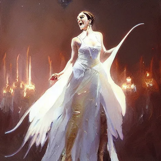 Image similar to Painting by Greg Rutkowski, an opera singer in a white dress with wings on stage