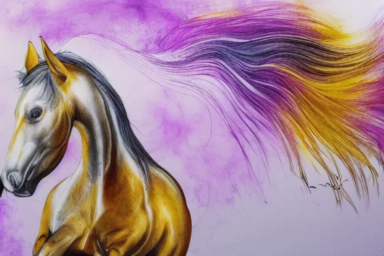 Prompt: beautiful serene horse, healing through motion, minimalistic golden and purple ink airbrush painting on white background