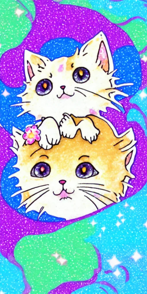 Image similar to a tiny cute kitten sleeping, puffy sticker, glitter sticker, kawaii by studio ghibli, by lisa frank 8 k pastel colours, isometric, smeared watercolours,