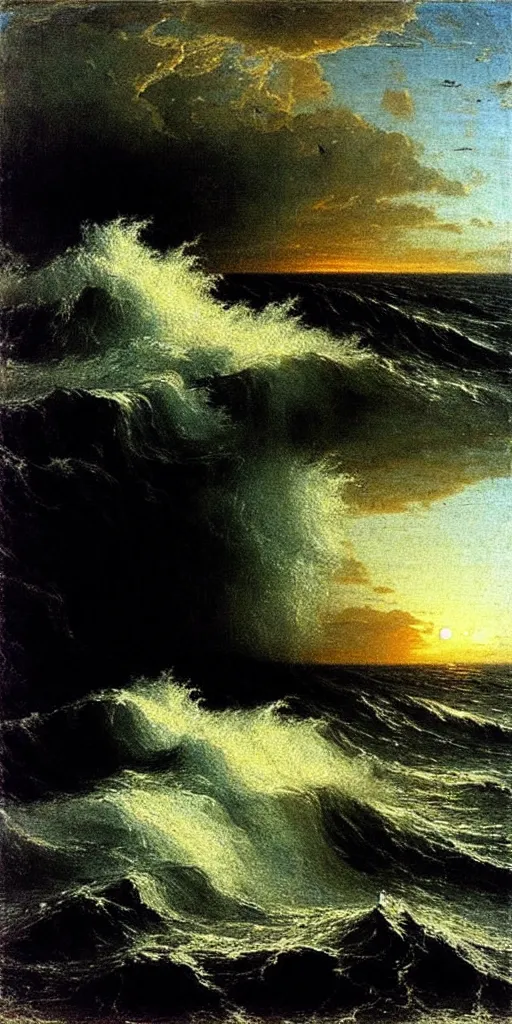 Prompt: “ ( ( ( ( ( rough waves on the ocean at night, the boat is on fire ) ) ) ) ) painted by john frederick kensett!!!!!!!!!! ”