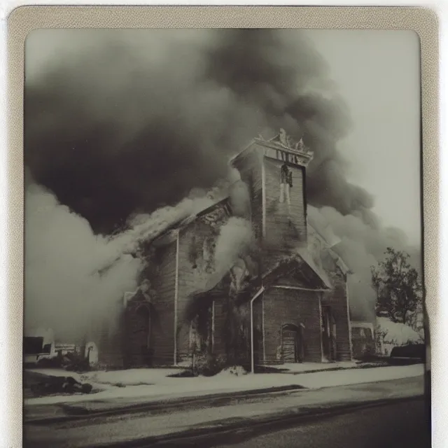 Prompt: very beautiful grainy and gritty polaroid photo of a church on fire