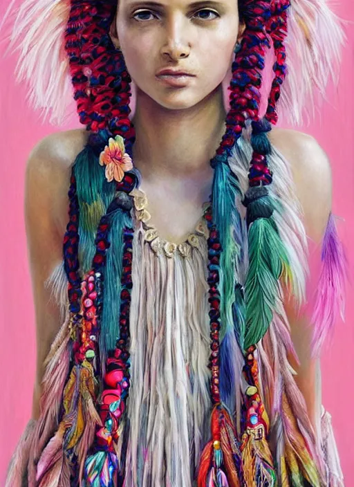 Prompt: beautiful portrait of a mediterranean female wearing fantastic Hand-dyed cotton dress, embellished beaded feather decorative fringe knots ,colorful pigtail,subtropical flowers and plants,symmetrical face,intricate,elegant, highly detailed, 8k,post-processing,digital painting, trending on pinterest, arper's bazaar,concept art, sharp focus, illustration, by artgerm,Tom Bagshaw,Lawrence Alma-Tadema,greg rutkowski,alphonse Mucha