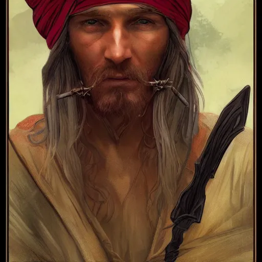 Prompt: ezra the elven desert bandit. Red turban. Epic portrait by james gurney and Alfonso mucha (lotr, witcher 3, dnd).