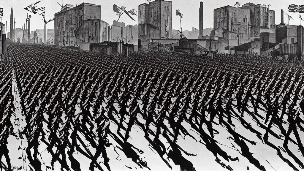 Image similar to army parade glorious march, futuristic alternate timeline, anarcho - communist hordes, red and black flags, modernist factories in background, art by max ernst, cnt spanish civil war era propaganda, extremely detailed, 4 k