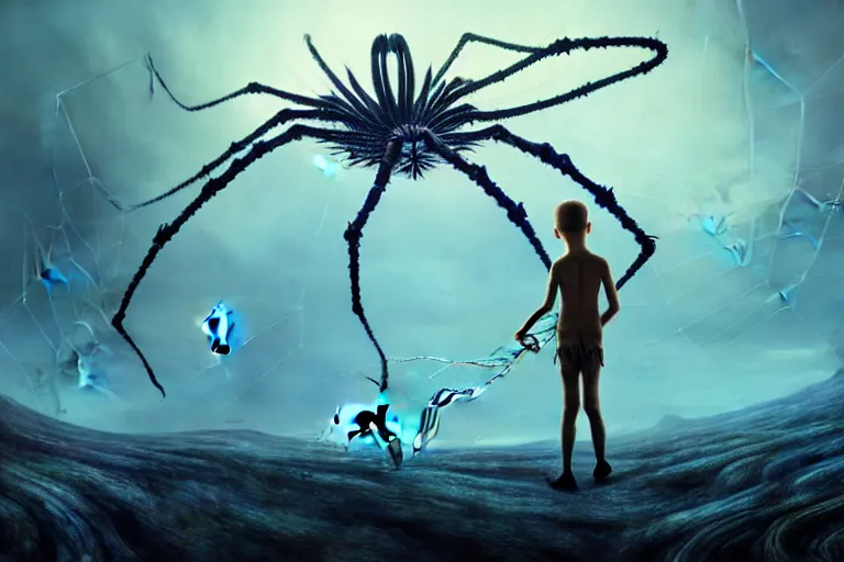 Image similar to realistic detailed photorealistic film portrait shot of a ghost kid playing with giant spider, futuristic sci-fi landscape on background by Denis Villeneuve, Amano, Yves Tanguy, Alphonse Mucha, Ernst Haeckel, Max Ernst, Andrei Tarkovsky, Edward Robert Hughes, Roger Dean, necklace, dynamic pose, rich moody colours, wide angle, blue eyes