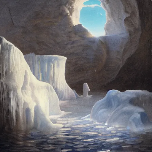 Image similar to The shadow of the dome of pleasure Floated midway on the waves; Where was heard the mingled measure From the fountain and the caves. It was a miracle of rare device, A sunny pleasure-dome with caves of ice!, cinematic lighting, detailed oil painting, hyperrealistic, 8k