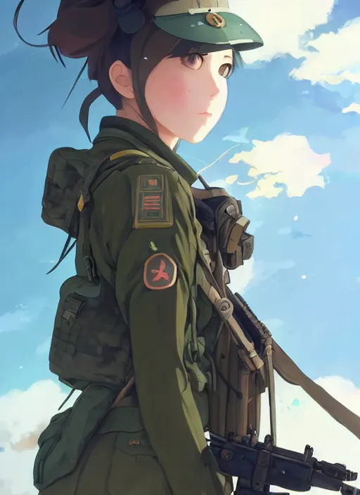 Image similar to portrait of cute soldier girl, cloudy sky background lush landscape illustration concept art anime key visual trending pixiv fanbox by wlop and greg rutkowski and makoto shinkai and studio ghibli and kyoto animation soldier clothing military gear realistic anatomy