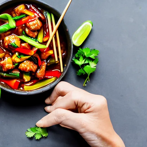 Image similar to anonymous eating dinner of thai sweet and sour pork stirfry, epic award - winning professional food photography