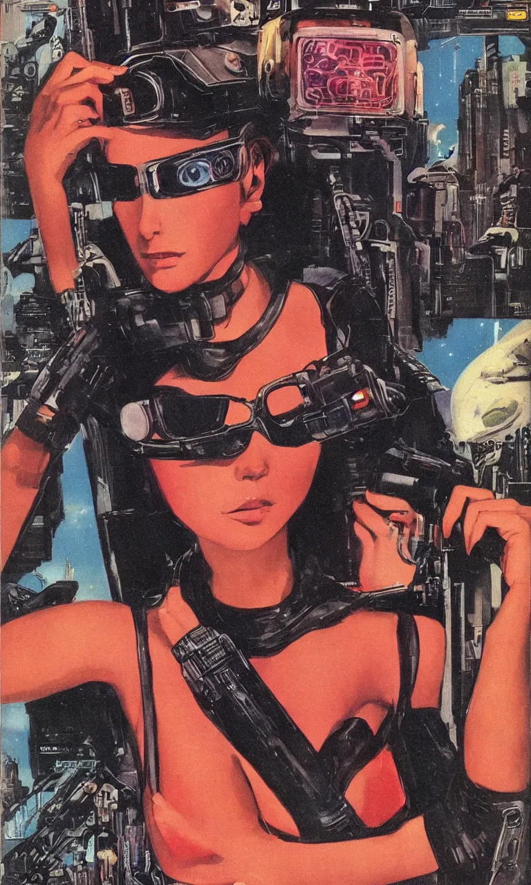 Image similar to 1979 OMNI Magazine Cover depicting a portrait of a Beautiful woman wearing AR goggles, Cyberpunk Akira style by Vincent Di Fate