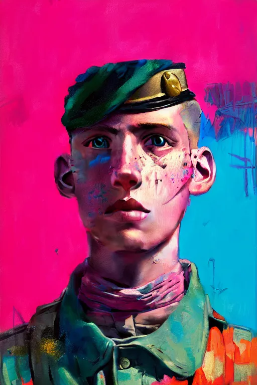 Prompt: portrait of a young soldier boy nor living in a death postapoliptic world, painted in acrylic, in the colors hot pink and cyan, beautiful face, rule of thirds, complex outfit, spotlight, octane render, dramtic lit, by greg rutkowski, by jeremy mann, by francoise nielly, by van gogh, digital painting