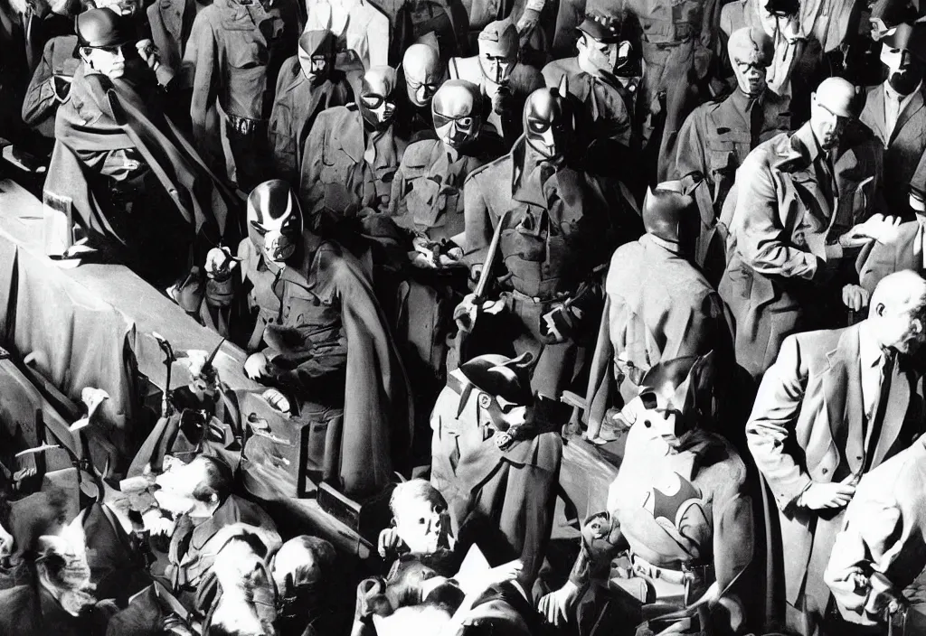 Image similar to batman at the nuremberg trials, black and white, photography, press photo, realistic