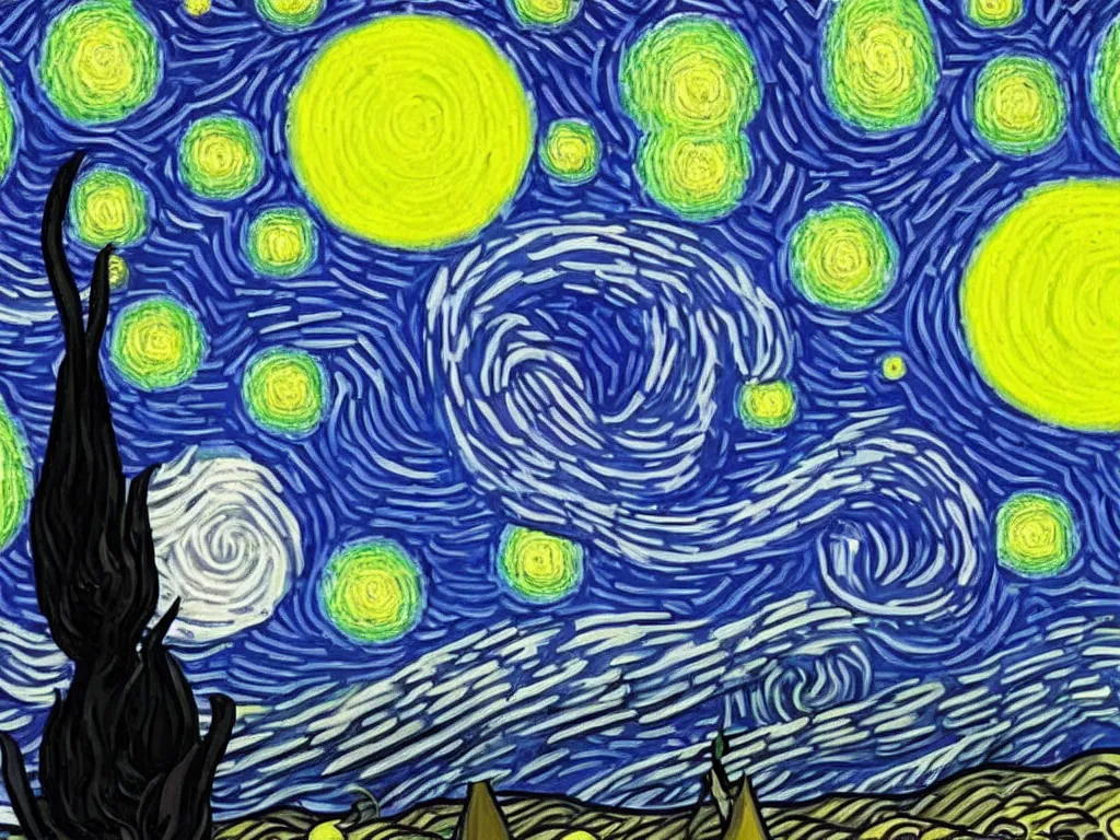 Image similar to painting of a starry night sky with homer simpson in a village, art by vincent van gogh