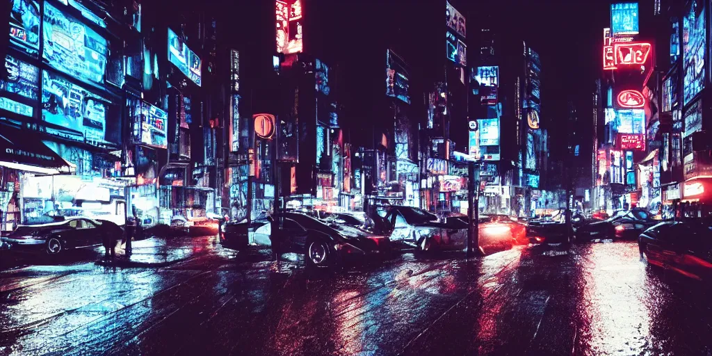 Image similar to a city street at night, raining, photograph, cars on the road, cyberpunk,