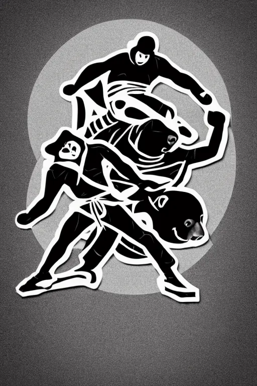 Image similar to a vector based illustration about a ninja fighting a polar bear in the style of die cut sticker, negative space is mandatory, no gradients, black ink on white background, smooth curves, vector spline curve style