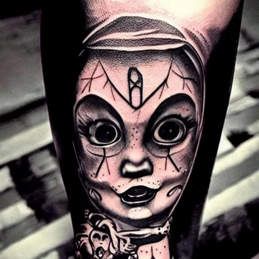 Image similar to tattoo of the annabelle doll, dark, scary, horror, high detail