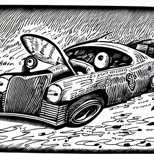 Image similar to gigantic swamp rat driving a hotrod comic - book drawing from mad - magazine pen and ink with full - color artwork, vector svg