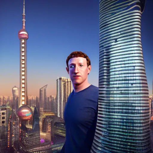 Prompt: professional photograph of very hot and muscular mark zuckerberg, gleaming skin, glowing, sparkling, on top on shanghai tower, hyper realistic, rendered in unreal 5, octane render, artstation, ambient lighting