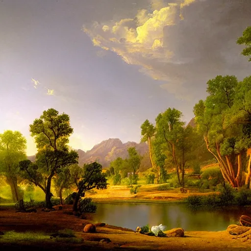 Prompt: a desert oasis, kindred spirits, lush harmony of nature, sparkling dew, by asher brown durand, by jamie jones,