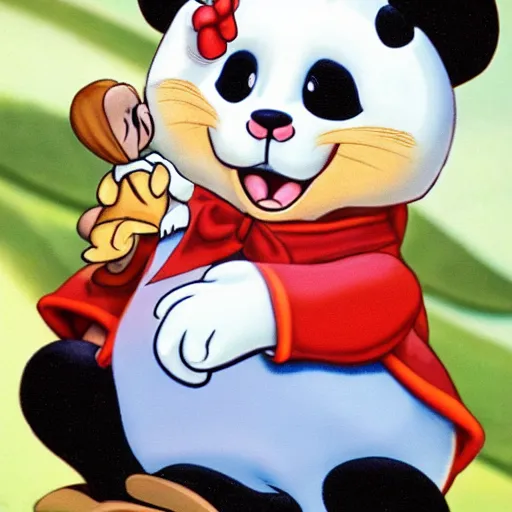 Image similar to jerry the mouse is riding a panda, cartoon tom and jerry series