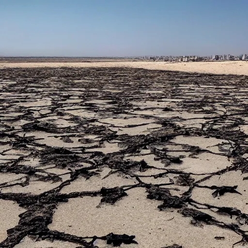 Image similar to apocalyptic beachside city, dried up oceans, desert everywhere, buildings covered in black tar