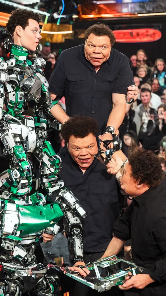 Image similar to craig charles engaged in hand to hand combat with one of the robots on robot wars uk